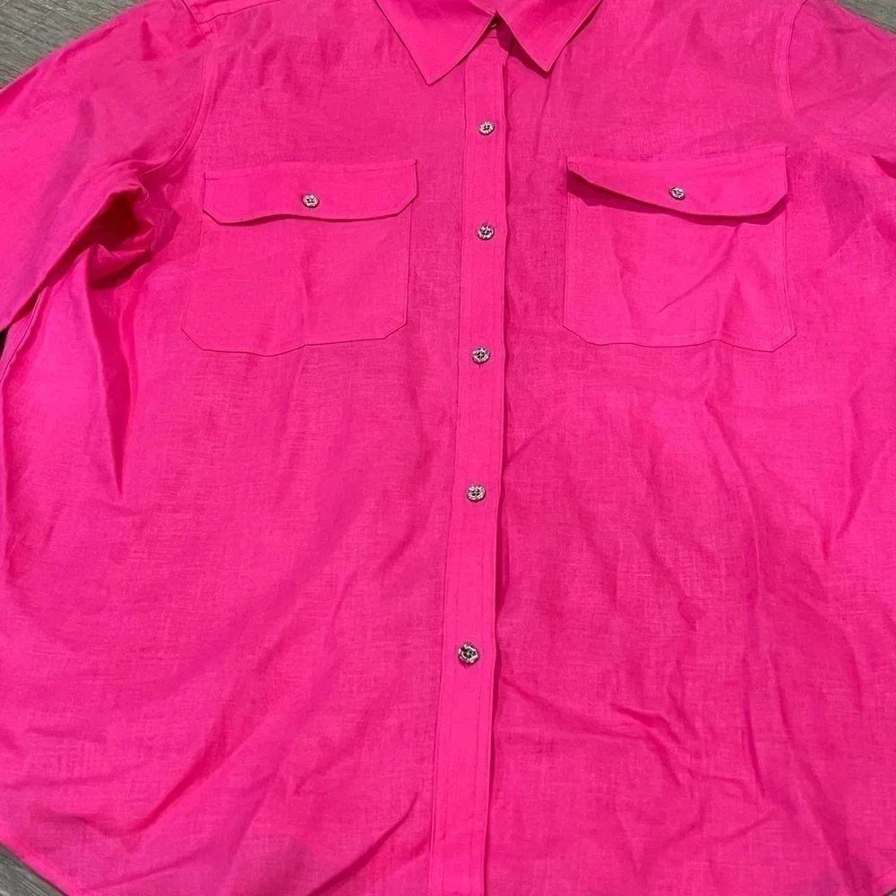 Women’s XL 100% Linen Pink Button Front Beach Vacation Lightweight Classic Shirt - Picture 9 of 9